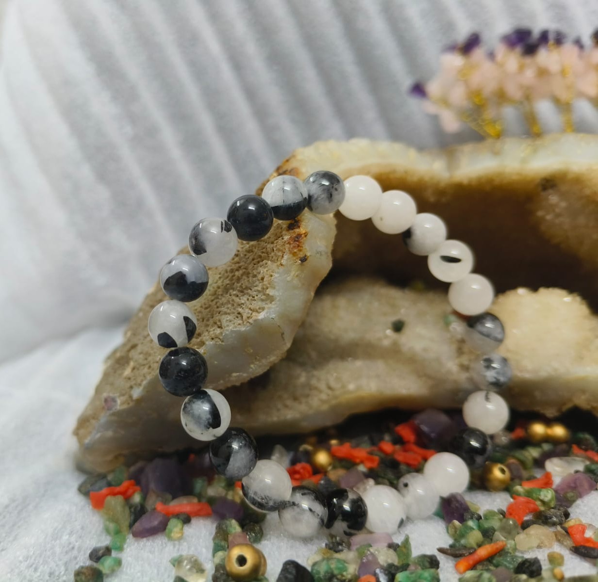 NATURAL BLACK NATROLITE TOURMALINE GEMS BRACELET-PUY