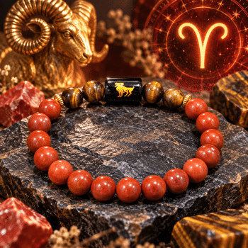 Aries zodiac gemstone bracelet Aries centre bead close-up Tiger Eye gemstone beads close-up Red Jasper gemstone beads close-up Aries bracelet full view Premium Aries zodiac bracelet Red Jasper and Tiger Eye bracelet detail