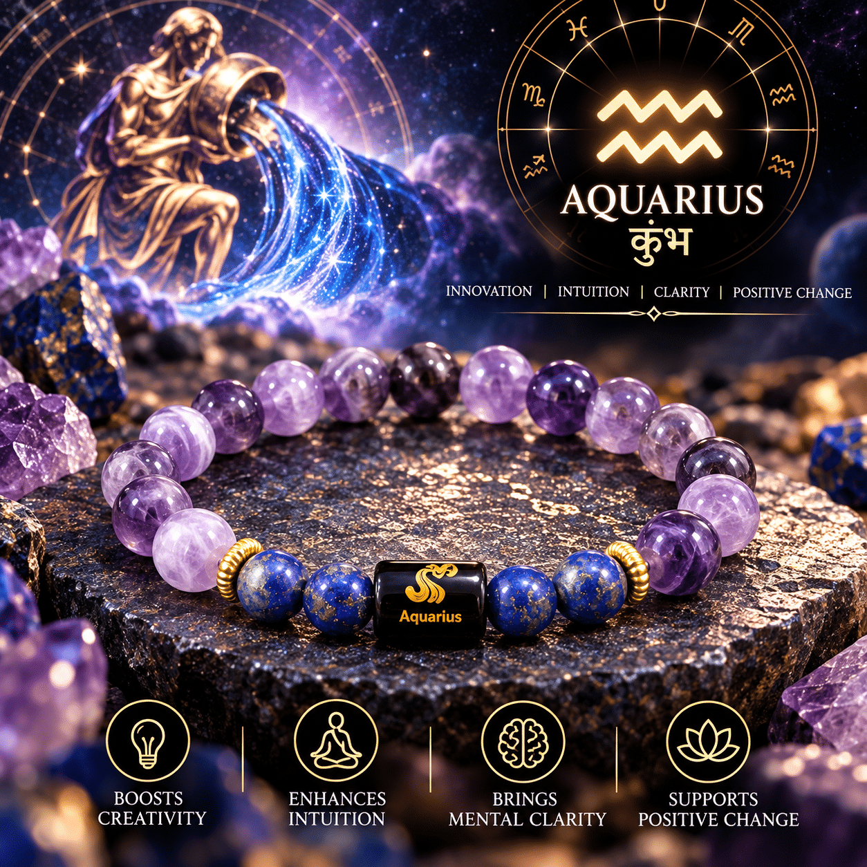 Aquarius zodiac bracelet with Amethyst and Lapis Lazuli gemstone beads