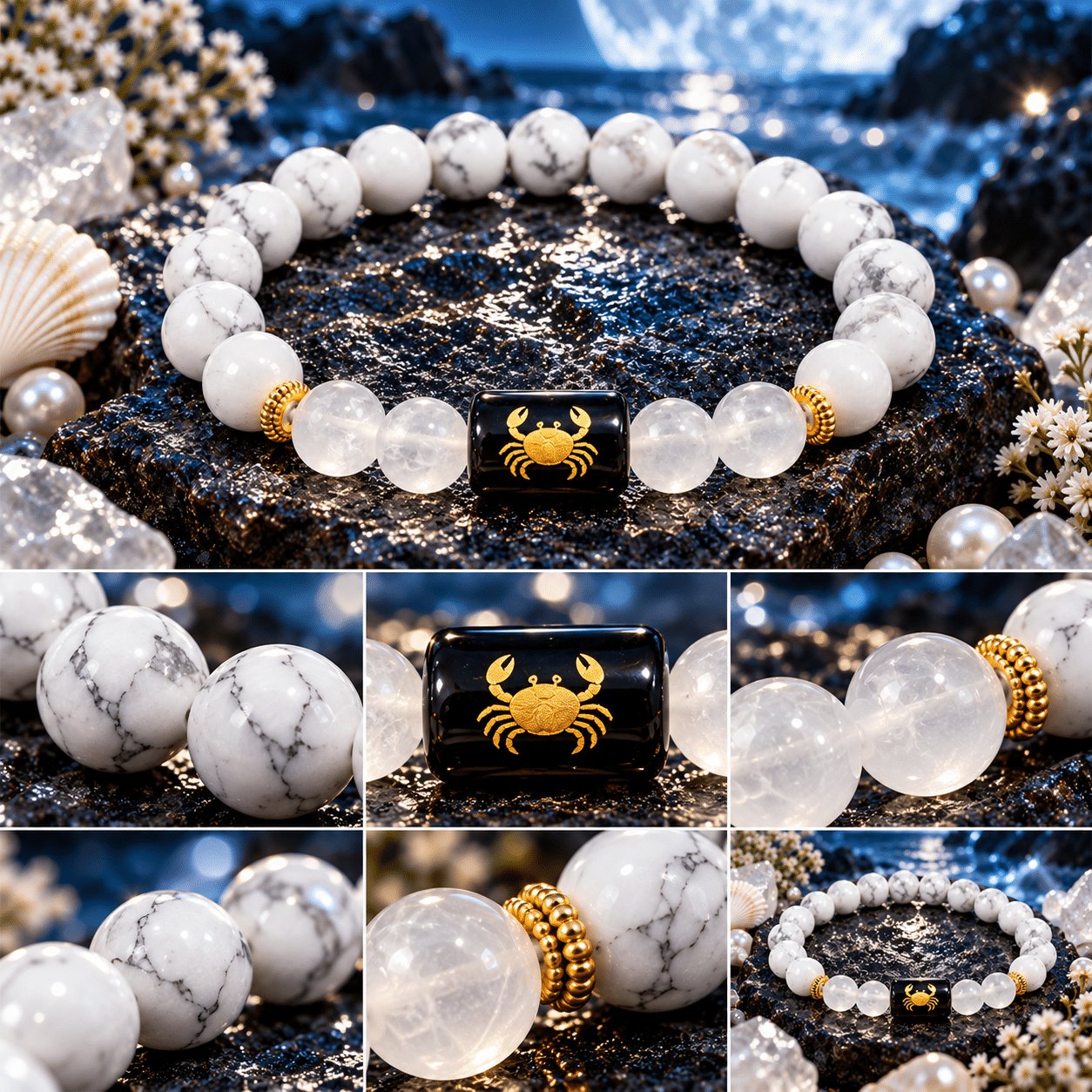 Cancer zodiac bracelet with Howlite and Milky Quartz gemstone beads