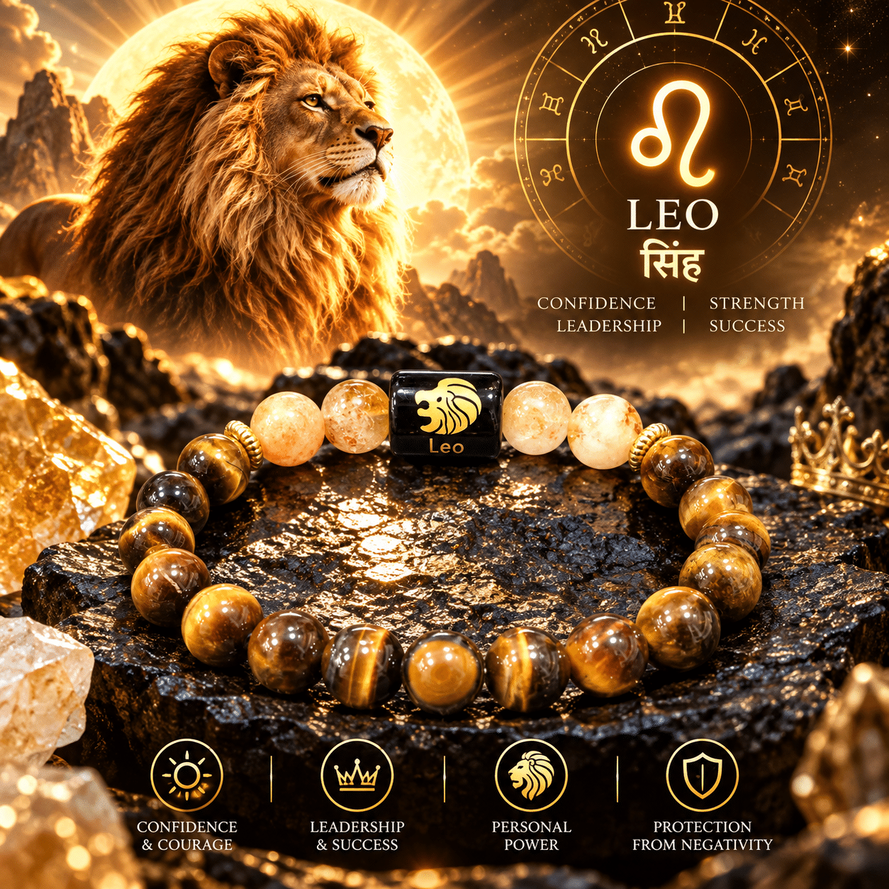 Leo zodiac bracelet with Tiger Eye and Sunstone gemstone beads