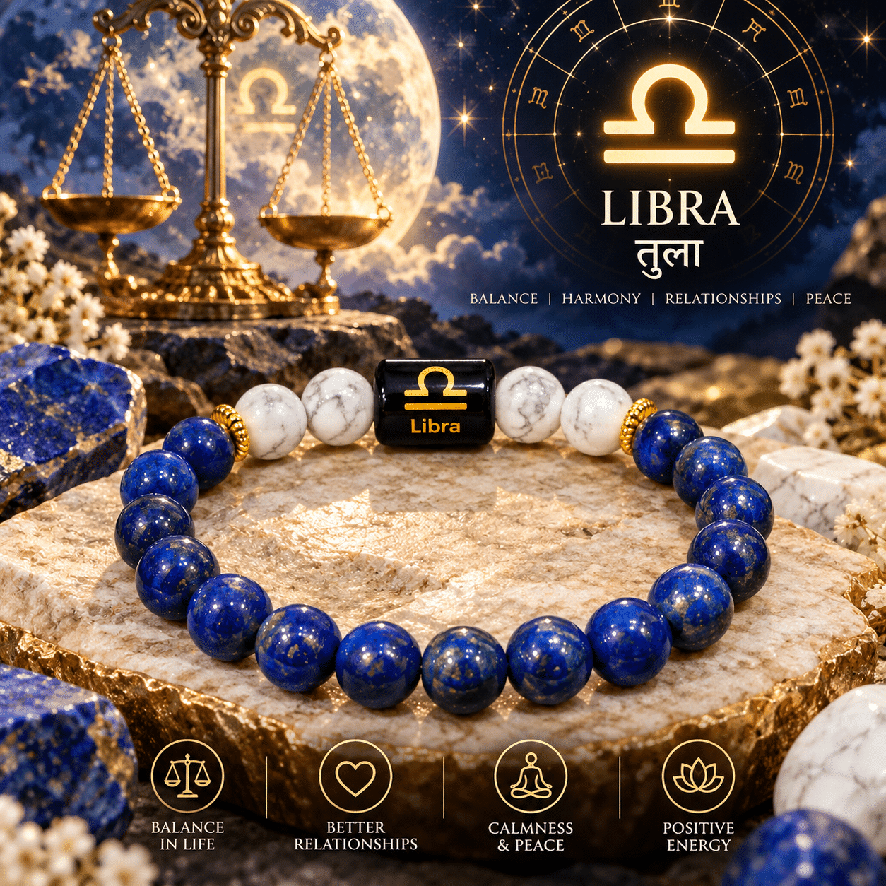 Libra zodiac bracelet with Lapis Lazuli and Howlite gemstone beads