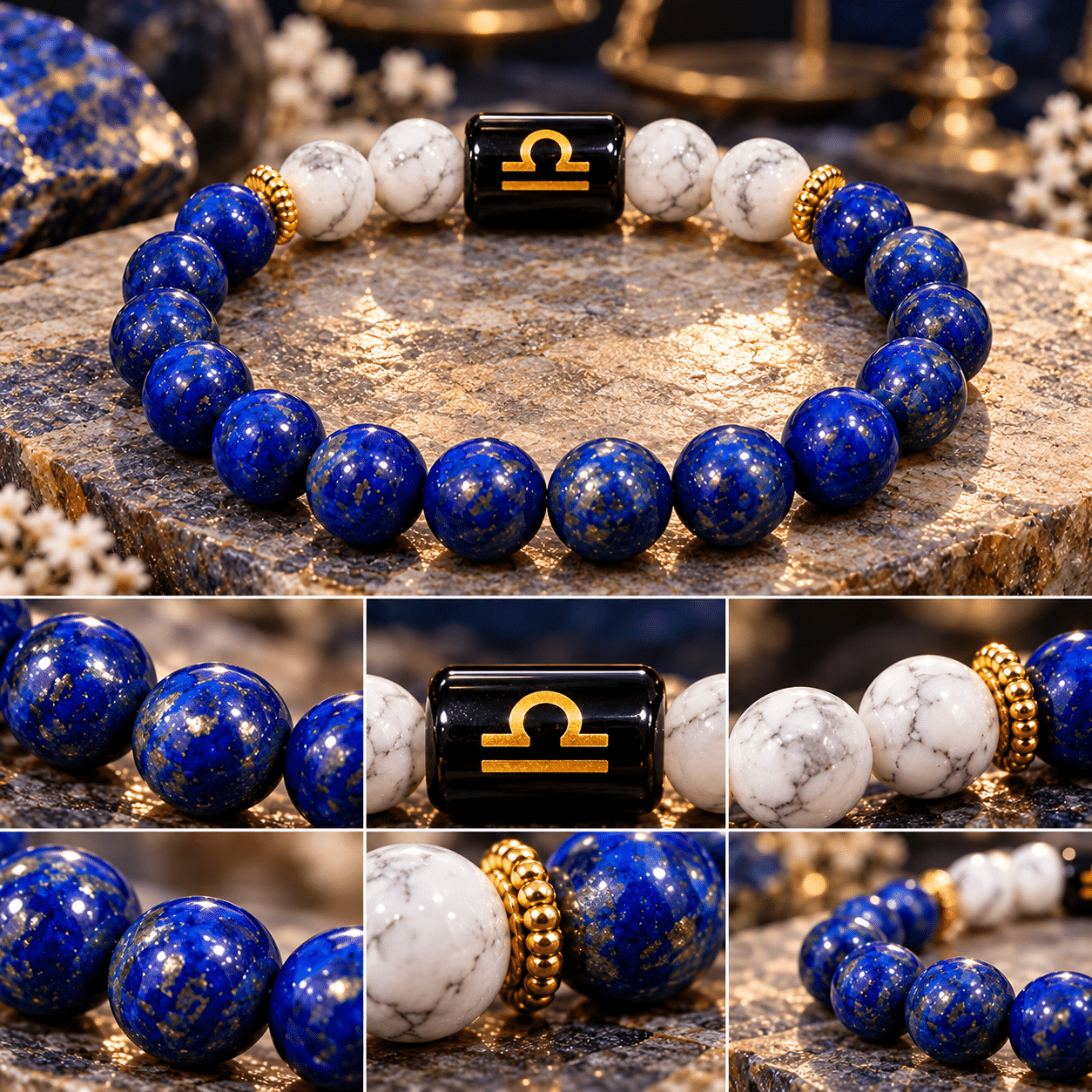 Libra zodiac bracelet with Lapis Lazuli and Howlite gemstone beads