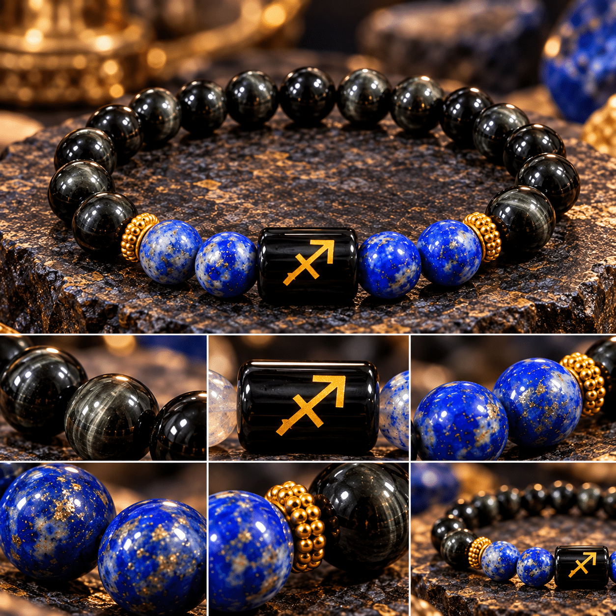 Sagittarius zodiac bracelet with Black Obsidian and Lapis Lazuli gemstone beads