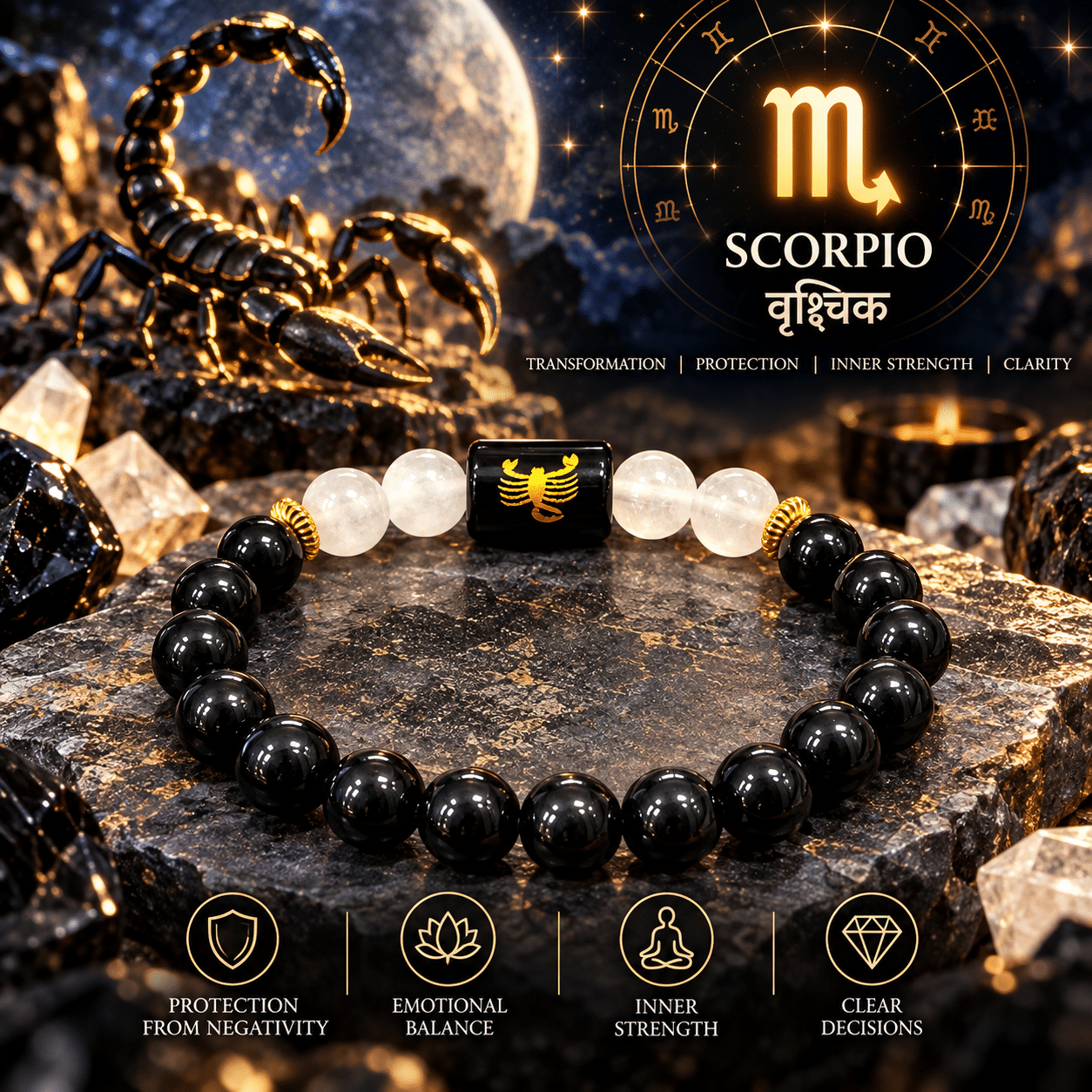Scorpio zodiac bracelet with Black Obsidian and Milky Quartz gemstones
