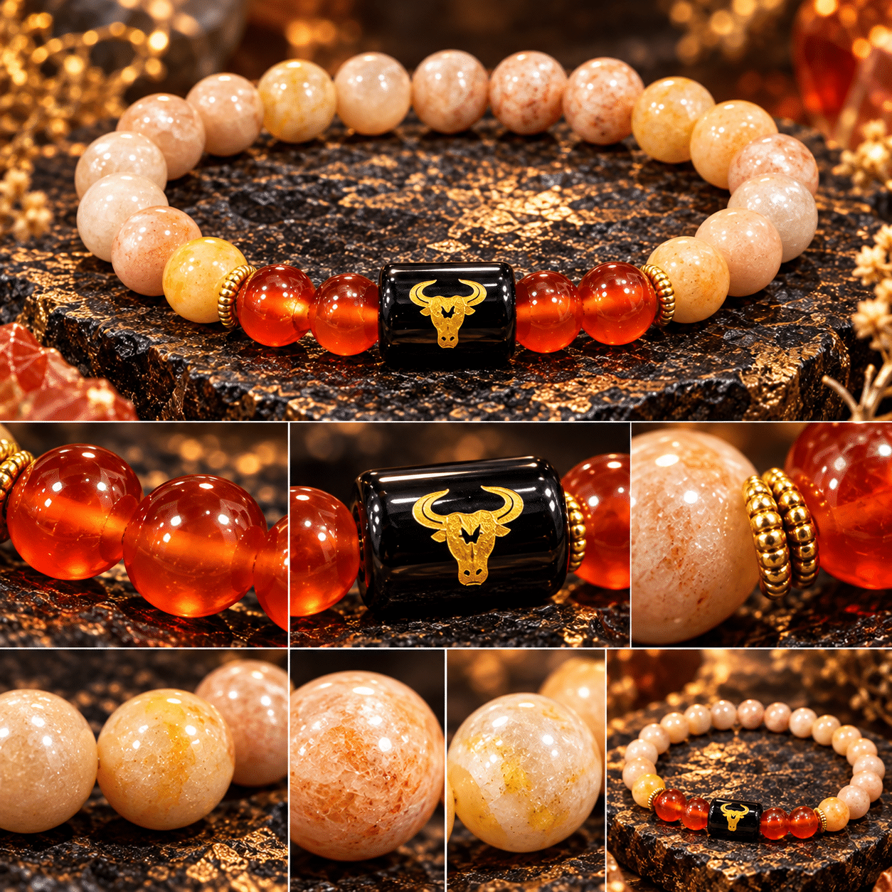 Taurus zodiac bracelet with Carnelian and Sunstone gemstone beads