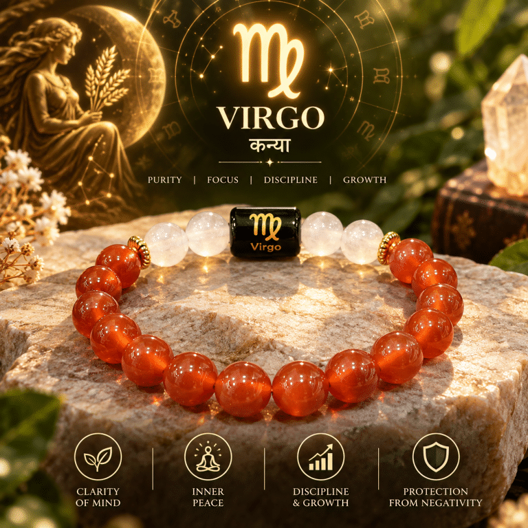 Virgo zodiac bracelet with Carnelian and Milky Quartz gemstone beads Image Title