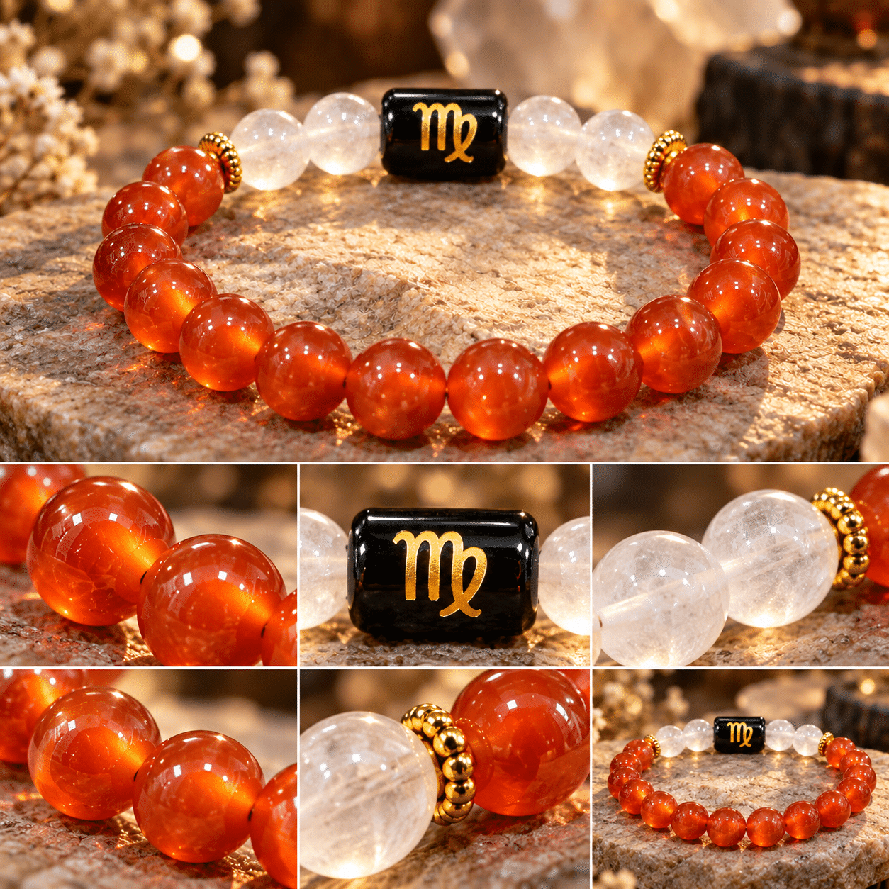 Virgo zodiac bracelet with Carnelian and Milky Quartz gemstone beads
